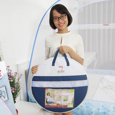 Màn Chụp , Mùng Chụp Cao Cấp Mộc Miên Đỉnh Rộng  - Mẫu Trắng Viền Xanh Hoa Lá ( Hà Nội )