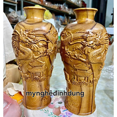 Cặp lục bình khắc rồng phong thủy cầu tài lộc bằng gỗ bách xanh thơm nức cao 30cm