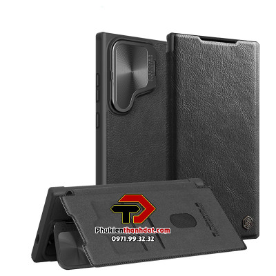 Bao da cho SamSung Galaxy S24 Ultra chính hãng Nillkin Qin Prop Leather có ngăn cài thẻ ATM, thẻ chung cư, chống sốc, có nắp đậy camera sau và chân chống - Hàng chính hãng