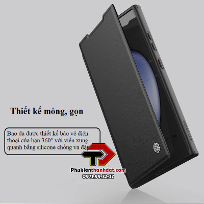 Bao da cho SamSung Galaxy S24 Ultra chính hãng Nillkin Qin Prop Leather có ngăn cài thẻ ATM, thẻ chung cư, chống sốc, có nắp đậy camera sau và chân chống - Hàng chính hãng