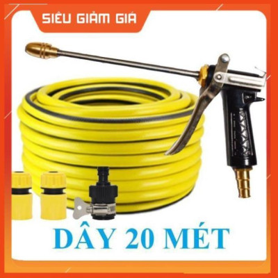 Bộ dây vòi xịt nước rửa xe, tưới cây . tăng áp 3 lần, loại 20m 206318 đầu đồng, cút, nối đen