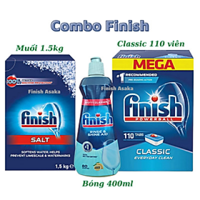 Combo rửa bát Finish: Hộp Classic 110 viên, Nước làm bóng chai 400ml, Muối hộp 1,5kg - Chính hãng.
