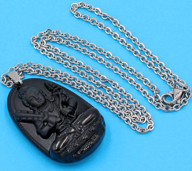 Vòng cổ phật Hư Không Tạng Bồ Tát - thạch anh đen 3.6cm DITTEB6 - dây inox bạc - kèm hộp nhung - tuổi Sửu, Dần