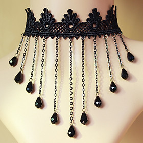 Vòng cổ choker ren vải chuỗi hạt mưa châu đen