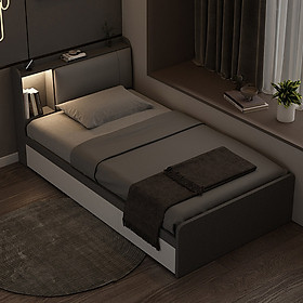 Giường Gỗ Đơn Dài 1.2m Phối Đèn LED và 3 Ngăn Kéo Màu Vân Vải Phối Trắng SIB Decor GN15