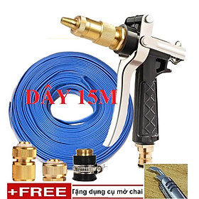 Bộ dây vòi xịt nước rửa xe, tưới cây . tăng áp 3 lần, loại 15m 206236 đầu đồng, cút đồng+ tặng mở chai
