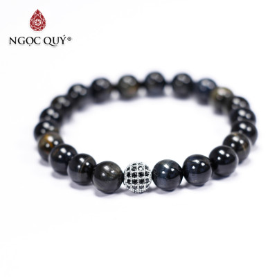 Vòng tay đá mắt hổ xanh đen phối charm hợp kim đính đá mệnh thủy, mộc - Ngọc Quý Gemstones