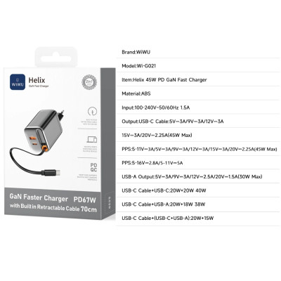Adapter cóc củ sạc nhanh 45W PD USB C + USB-A 3.0 kèm dây sạc Type-C PPS chống cháy hiệu WIWU Helix Fast Charger cho iPhone iPad Oppo Samsung - Hàng nhập khẩu
