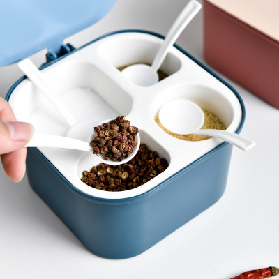 Hộp đựng gia vị 4 ngăn kín khí , chống ẩm ướt, Hũ gia vị chia ngăn có nắp đậy kèm thìa tiện lợi
