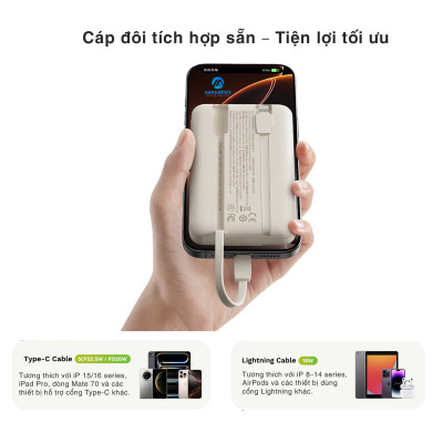 Pin dự phòng sạc nhanh ROCK P95 PD 22.5W 10000mAh có cáp tích hợp , hàng chính hãng bảo hành 1 năm