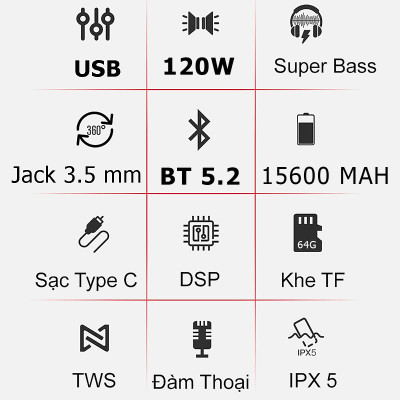Bộ Loa Bluetooth không dây nghe nhạc, micro bluetooth không dây hát Karaoke cao cấp 120W công suất lớn Super Bass có cổng usb, thẻ nhớ, line 3.5mm pin 15600MAH sạc Type C Chip DSP loa kết nối TWS lên 240W Hàng Chính Hãng PKCB