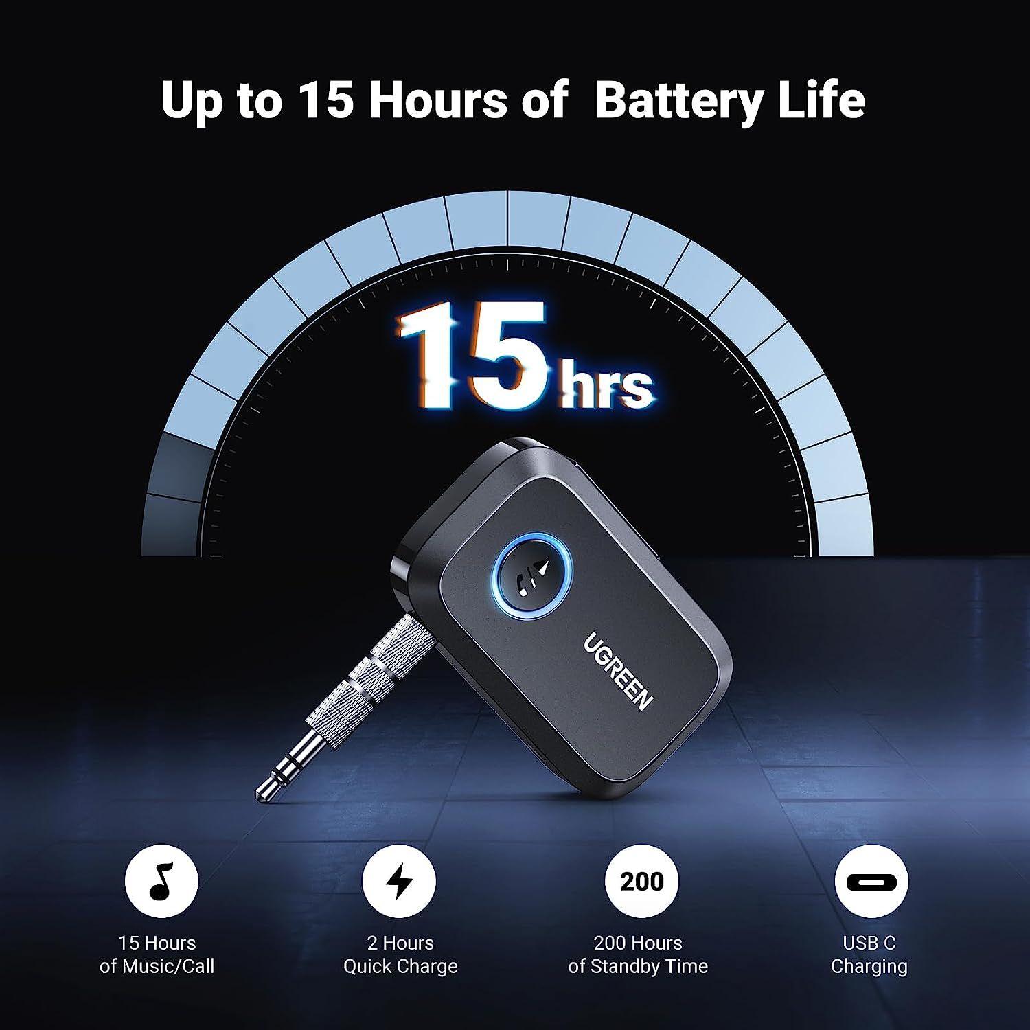 Ugreen UG90748CM596TK pin 15 tiếng xa 15M jack cắm Audio AUX 3.5mm Thiết bị nhận Bluetooth 5.3 hỗ trợ Kết nối cùng lúc 2 điện thoại - HÀNG CHÍNH HÃNG