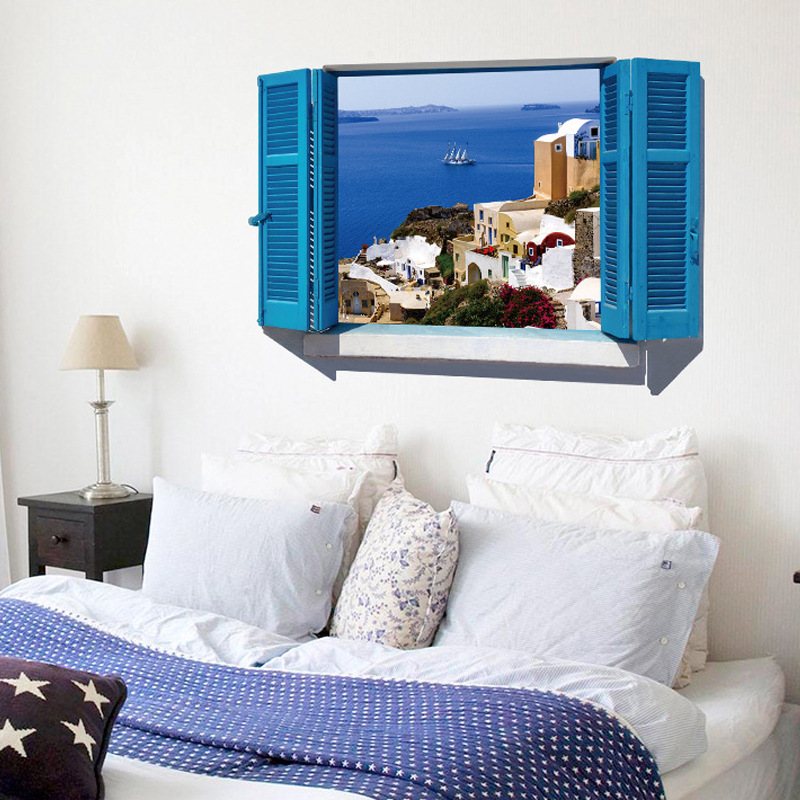 Decal dán tường nguyên miếng cửa sổ màu xanh Địa Trung Hải SK9059A