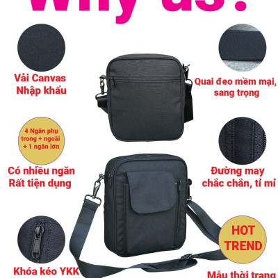 Túi Đeo Chéo Nam Thời Trang Vải Bố Canvas Cao Cấp Dạng Hộp Chống Thấm Nước, Du Lịch, Đi Học, Đi Chơi