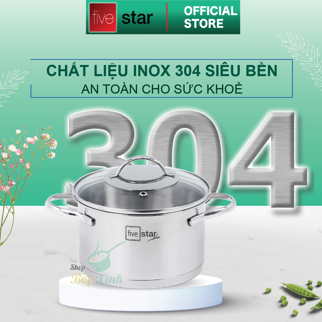 Bộ nồi quánh inox 304 FiveStar 3 đáy từ 5 món nắp kính , quai oval , Tặng 10 muỗng inox
