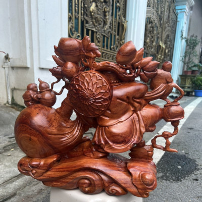 Tượng phật di lạc ngũ phúc kéo bao vàng bằng gỗ hương đá kt 30×26×10cm 