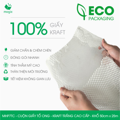 MHP7TC - 50cm x 25m - Cuộn giấy tổ ong chống sốc - Kraft trắng Cao Cấp - Giấy gói hàng, gói quà