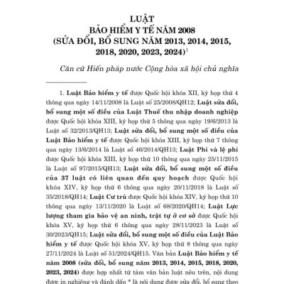 Luật bảo hiểm y tế năm 2008 (sửa đổi, bổ sung năm 2013, 2014, 2015, 2018, 2020, 2024) bản in 2025