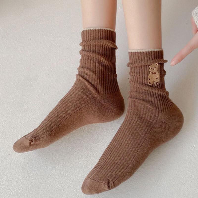 Tất bèo nữ cổ cao, vớ cổ cao vải cotton thêu hình chú Gấu Teddy phong cách thời trang Hàn Quốc - TD68