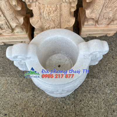 Lư hương, bát hương, bát nhang thờ cúng chạm thánh giá thiên chúa giáo đặt bàn thờ, mộ đá cẩm thạch trắng