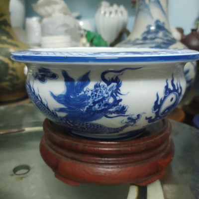 Bát hương dáng lựu vẽ rồng men lam size nhỏ
