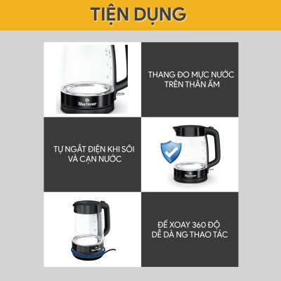Ấm Đun Thủy Tinh BlueStone KTB-3428 - 1.7 Lít - 1850-2200W - Bộ Điều Khiển: Strix - Bảo Hành 2 Năm - Hàng Chính Hãng