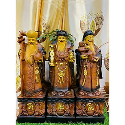 Tượng phật tam đa phúc lộc thọ bằng gỗ hương đá và được tô làm mầu giả cổ kt 70×22×16cm