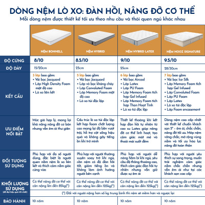 Nệm Foam Hybrid 25cm Nooz Home Goods Tiêu Chuẩn CertiPUR-US Ruột Đệm Lò Xo Túi Độc Lập Kết Hợp Cùng 2 Tầng Cao Su Non (Convulated Foam và High Density Foam)