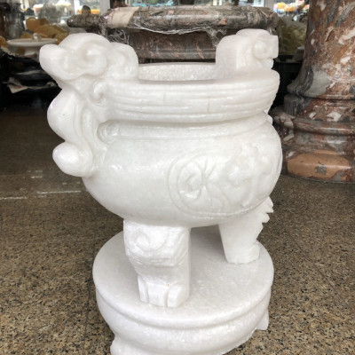 Lư hương, bát hương, bát nhang thờ cúng chạm thánh giá thiên chúa giáo, công giáo đặt bàn thờ, mộ đá cẩm thạch trắng - Cao 40 cm