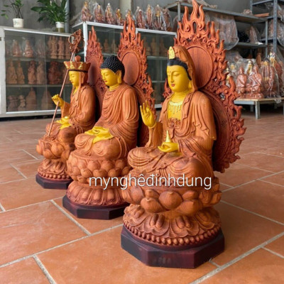 Bộ tượng phật tam thánh bằng gỗ hương đá kt cao 30×15cm + lá chắn hào quang quang cao tổng 41cm