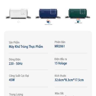 Máy Khử Khuẩn Thực Phẩm Morphy Richards MR2061 Khử Trùng Rau Củ Quả, Thịt Cá Hải Sản, Sục Ozone Rửa Thực Phẩm 2 in 1, Hàng Chính Hãng