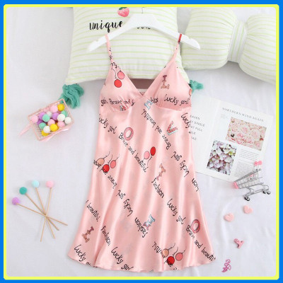 Q147 Váy ngủ lụa hai dây kèm mút ngực in hoa văn sexy - Đầm ngủ lụa hai dây - Váy ngủ