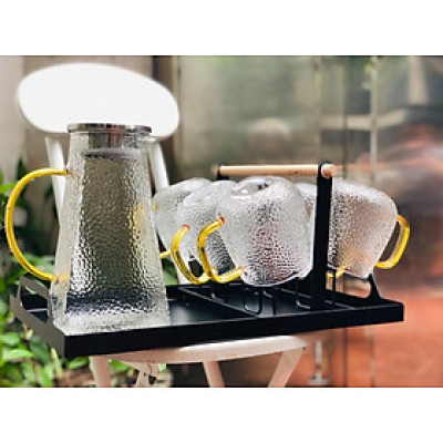 BỘ BÌNH THỦY TINH CHỊU NHIỆT CAO CẤP ĐỰNG NƯỚC UỐNG KÈM 6 CỐC QUAI VÀNG ( 1 BÌNH + 6 CỐC) - VD6
