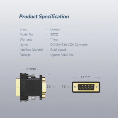 Ugreen UG2012220122TK Màu Đen Đầu chuyển đổi DVI 24 + 5 sang VGA âm - HÀNG CHÍNH HÃNG
