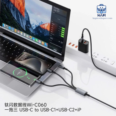 Cáp sạc hàng chính hãng WiWU Titanlink 3 trong 1 Wi-C060: Công suất 60W, tích hợp 2 Type-C, 1 L, sạc đa năng