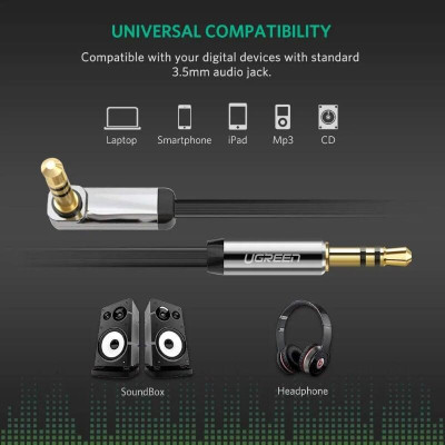 Ugreen UG10597AV119TK 1M màu Đen Cáp âm thanh 2 đầu 3.5mm dương đầu vuông góc mạ vàng - HÀNG CHÍNH HÃNG