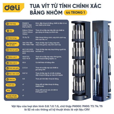 Bộ tuốc nơ vít 44 in 1 Deli Cao Cấp Tua vít từ tính Sửa điện thoại, Máy tính, Ổ điện