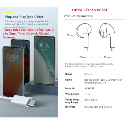 Tai nghe nhét tai jack cắm type-C có mic Baseus Encok C17 NGCR010002 - Hàng chính hãng