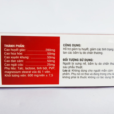 HUYẾT GIÁC TB (LONG HUYẾT PH) – TAN VẾT BẦM TÍM – MAU LÀNH VẾT THƯƠNG – TAN HUYẾT - HỘP 30 VIÊN