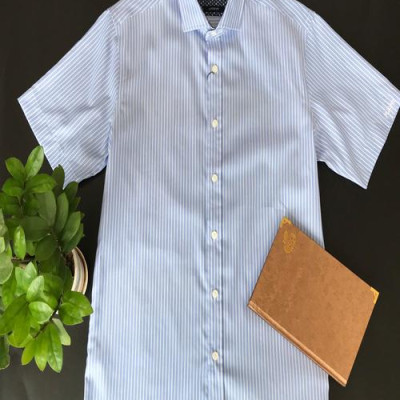 Áo sơ mi nam ngắn tay ALIGRO kẻ xanh trắng chất liệu cotton tự nhiên cao cấp, vạt bằng, form custom sang trọng ALGS-C93