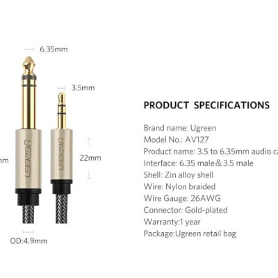 Ugreen UG40804AV127TK 2M màu Đen Cáp âm thanh 3.5mm sang 6.5mm cao cấp - HÀNG CHÍNH HÃNG