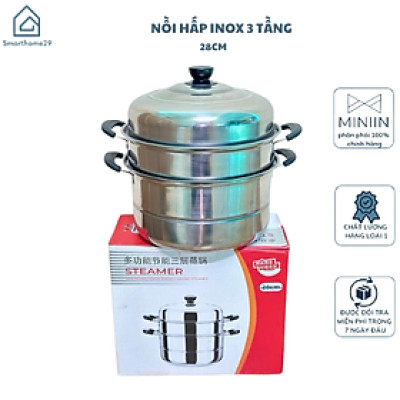 Nồi Hấp Inox 3 Tầng Siêu To 28CM Dùng Cho Cả Bếp Từ Và Bếp Ga, Nồi Hấp Bánh Bao Bánh Flan Hấp Thức Ăn Tặng Kèm Xửng Hấp - HÀNG CHÍNH HÃNG MINIIN