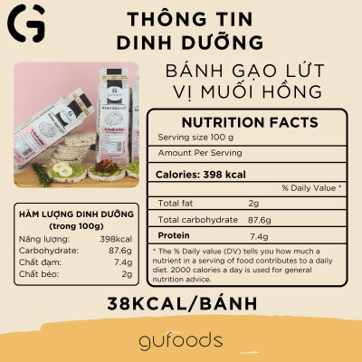 Bánh gạo lứt GUfoods vị Muối hồng - Không chiên dầu, Không đường, Lành mạnh, Phù hợp Eat clean, Ăn vặt healthy, Thực dưỡng, Tập gym, Thuần chay