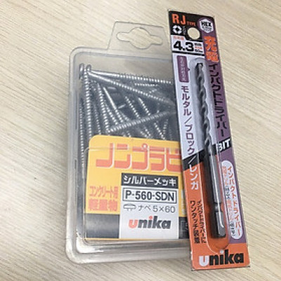 Combo Vít bê tông 5mm đầu dù P560 & Mũi khoan tường 4.3mm đuôi lục giác Unika (không cần dùng tắc kê nhựa)