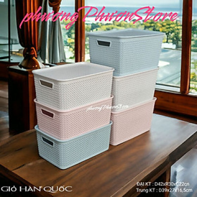 Combo 2 giỏ nhựa đan giả mây đựng đồ kiểu Hàn Quốc có nắp size đại