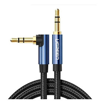Cáp bẻ góc 90 độ 3.5mm mạ vàng 24K đầu màu xanh bọc kim loại chống nhiễu 1.5M màu đen Ugreen 112AT60180AV Hàng chính hãng