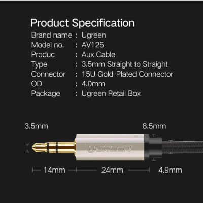 Ugreen UG40788AV125TK 20M màu Đen Cáp âm thanh 2 đầu 3.5mm dương đầu bọc kim loại cao cấp - HÀNG CHÍNH HÃNG
