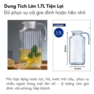 Bình đựng nước thủy tinh Luminarc Quadro G2668, dung tích 1.7L, dùng máy rửa bát | Hàng chính hãng