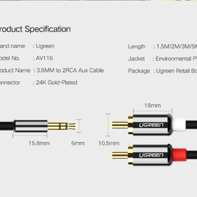 Ugreen UG20780AV116TK 8M màu Đen Cáp âm thanh 2 đầu Bông sen sang 3.5mm Dương mạ vàng - HÀNG CHÍNH HÃNG