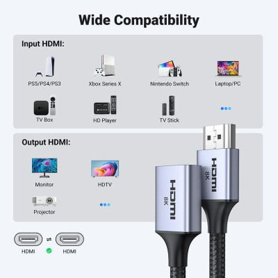 Ugreen UG15518HD165TK 15Cm 8K60Hz 2.1 Cáp nối dài HDMI dây bọc dù - HÀNG CHÍNH HÃNG